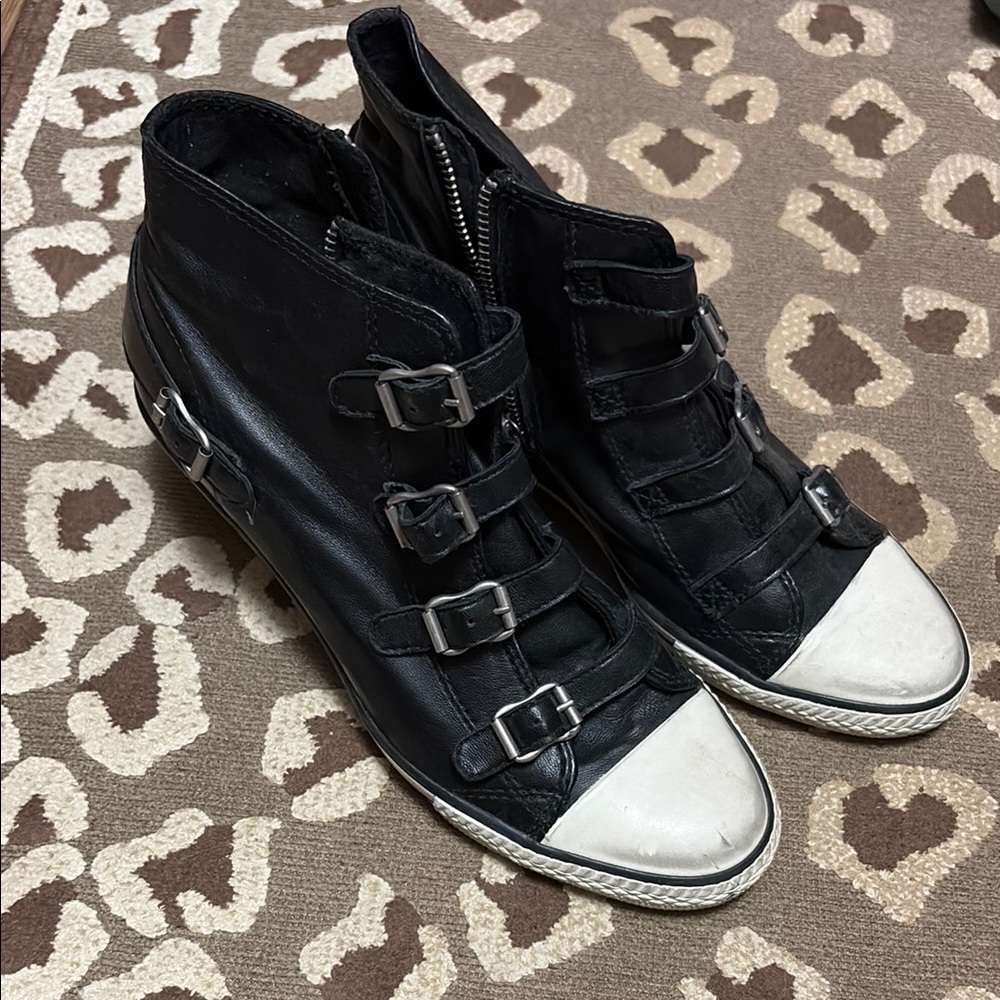 Ash Black and White Wedge Sneakers with Silver Buckles